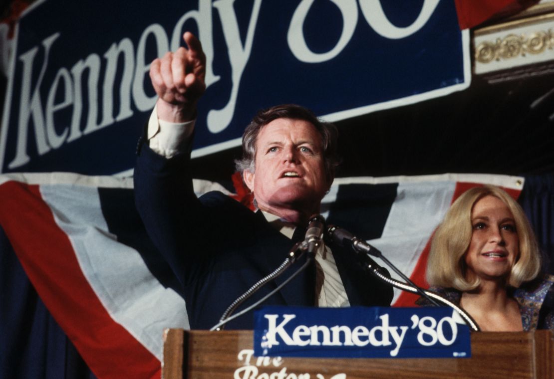 Senator Ted Kennedy campaigns in Boston for the 1980 Democratic nomination for president. His wife, Joan, is at his side.