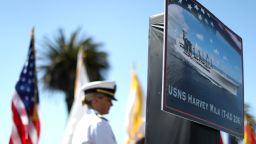 SAN FRANCISCO, CA - AUGUST 16:  A photo of the new USNS Harvey Milk is displayed during a ship naming ceremony on August 16, 2016 in San Francisco, California. U.S. Navy officials announced plans to name a new replenishment oiler ship after slain civil rights leader Harvey Milk. Six new ships in the class with be named after civil and human rights leaders.  (Photo by Justin Sullivan/Getty Images)