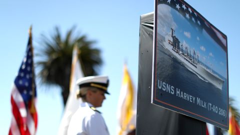 SAN FRANCISCO, CA - AUGUST 16:  A photo of the new USNS Harvey Milk is displayed during a ship naming ceremony on August 16, 2016 in San Francisco, California. U.S. Navy officials announced plans to name a new replenishment oiler ship after slain civil rights leader Harvey Milk. Six new ships in the class with be named after civil and human rights leaders.  (Photo by Justin Sullivan/Getty Images)