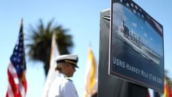 SAN FRANCISCO, CA - AUGUST 16:  A photo of the new USNS Harvey Milk is displayed during a ship naming ceremony on August 16, 2016 in San Francisco, California. U.S. Navy officials announced plans to name a new replenishment oiler ship after slain civil rights leader Harvey Milk. Six new ships in the class with be named after civil and human rights leaders.  (Photo by Justin Sullivan/Getty Images)