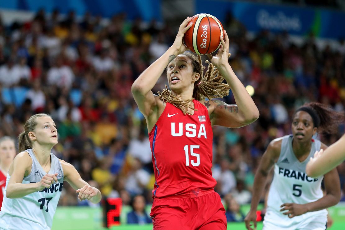 Basketball - Olympics: Day 13 Brittney Griner #15 of United States drives to the basket during the USA Vs France Women's Basketball Semifinal at Carioca Arena1 on August 18, 2016 in Rio de Janeiro, Brazil. (Photo by Tim Clayton/Corbis via Getty Images)