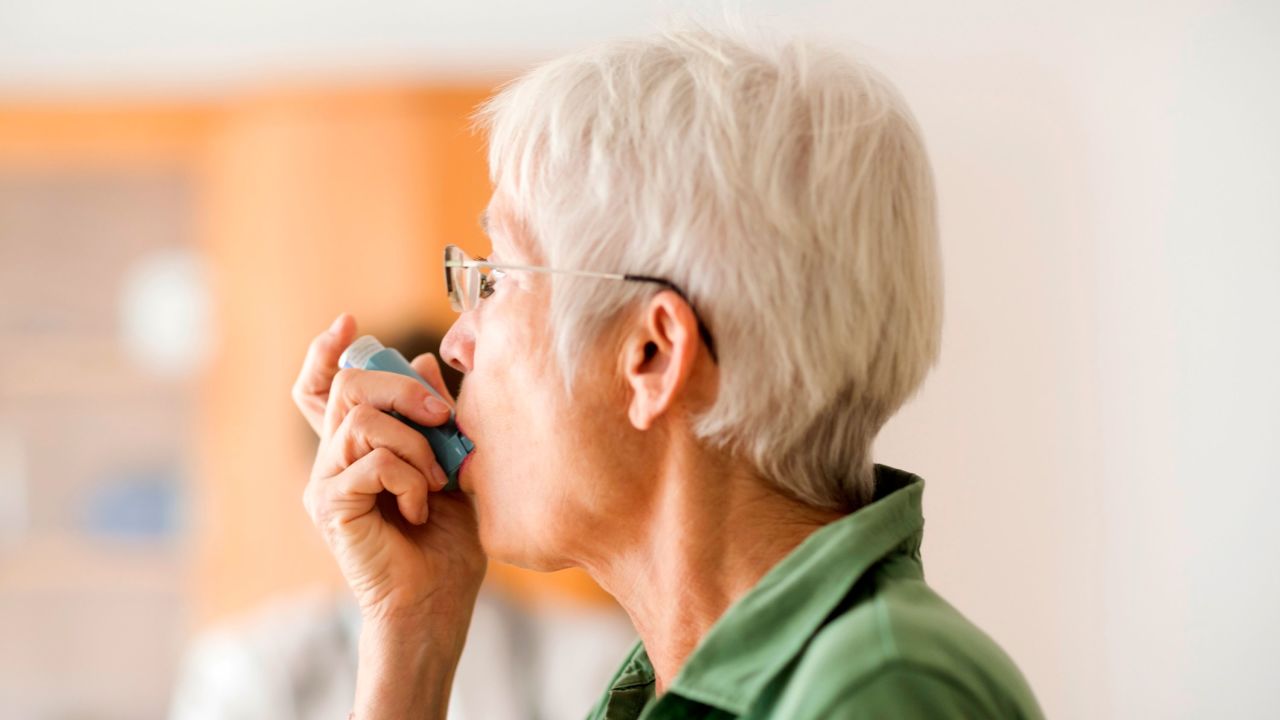 White-haired senior woman using inhaler - stock photo