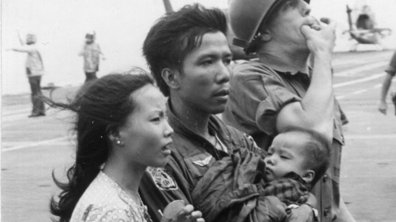 Major Buang-Ly and his family on the USS Midway on April 29, 1975.