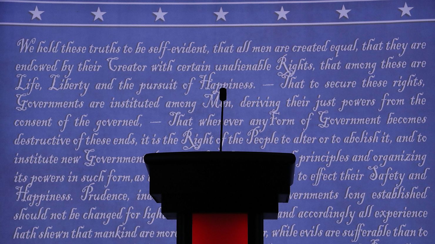 A presidential candidate's podium is seen on the stage in 2016.
