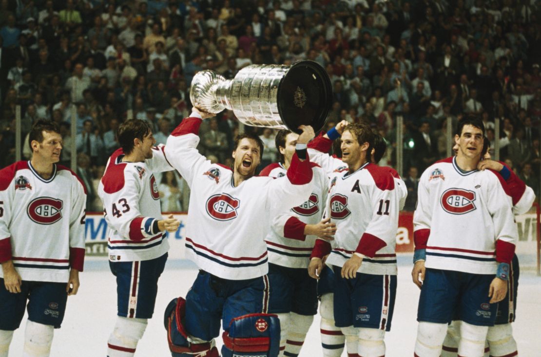 Goaltender Patrick Roy hoists the Cup on June 7, 1993, the last time a Canadian team won the famed trophy.