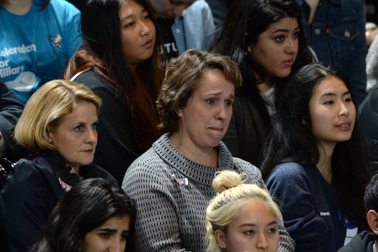 Supporters of Hillary Clinton react to early polls results on election night in 2016.