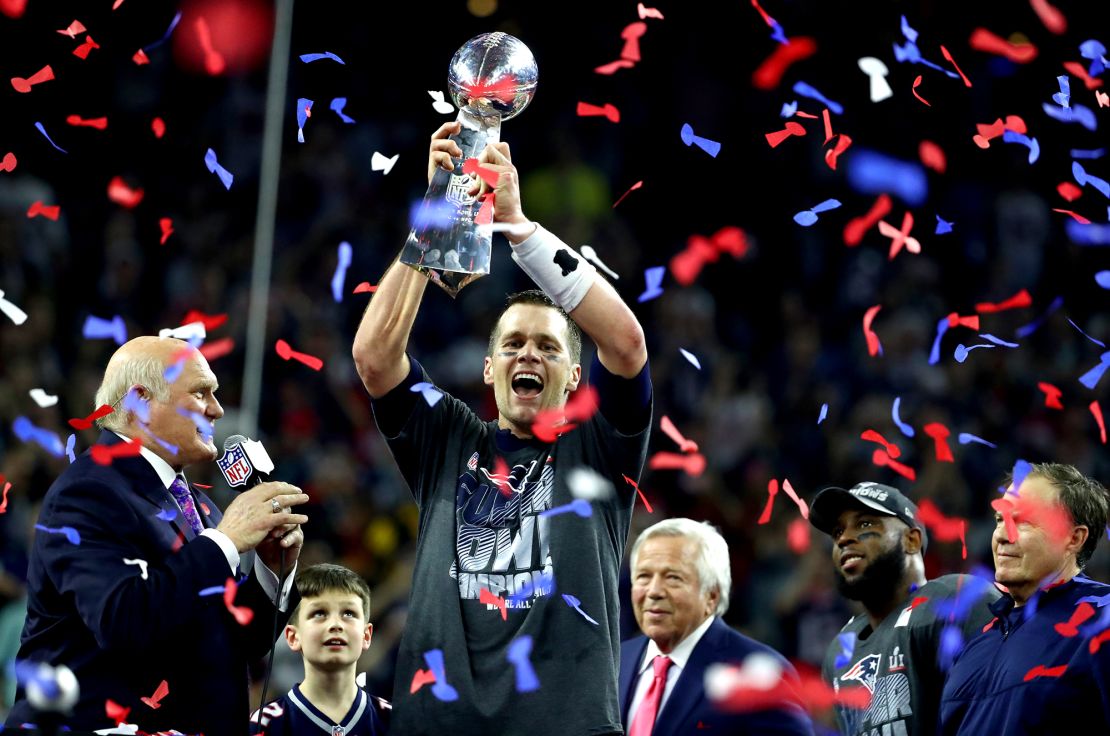 Brady celebrates after winning his fifth Super Bowl with the Patriots.