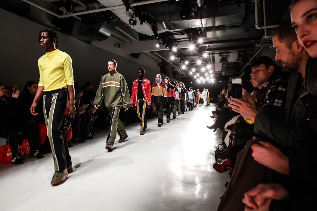 Models walk the runway at the end of the show at the Telfar Presentation during February 2017 New York Fashion Week. Telfar is known for its unisex clothing styles.