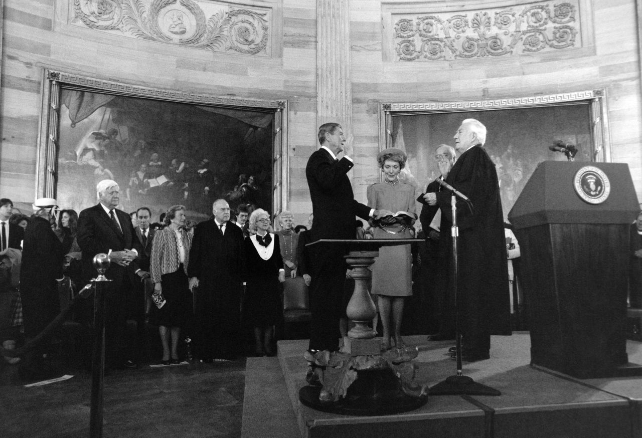 President Ronald Reagan is sworn in during his 1985 inauguration ceremony inside the Capitol Rotunda.