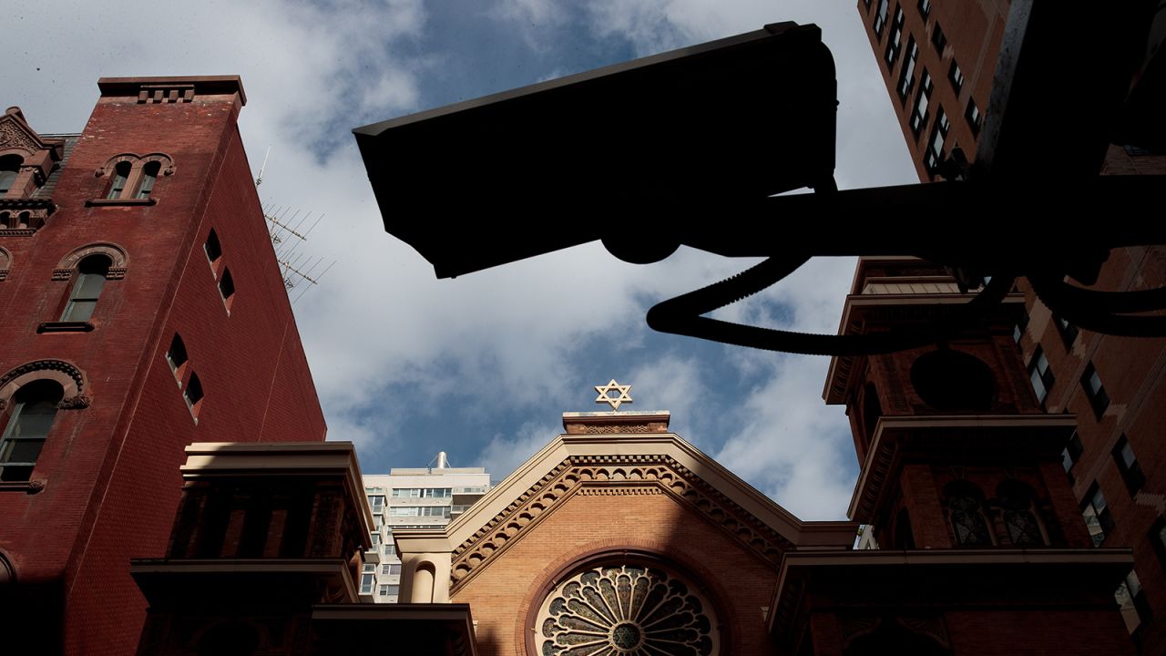 A security camera hangs across the street from the Park East Synagogue, March 3, 2017, in New York City.