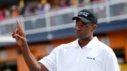 NBA Legend Dikembe Mutombo stands in the garage area during practice for the NASCAR Monster Energy NASCAR Cup Series Kobalt 400 at Las Vegas Motor Speedway on March 10, 2017 in Las Vegas, Nevada.