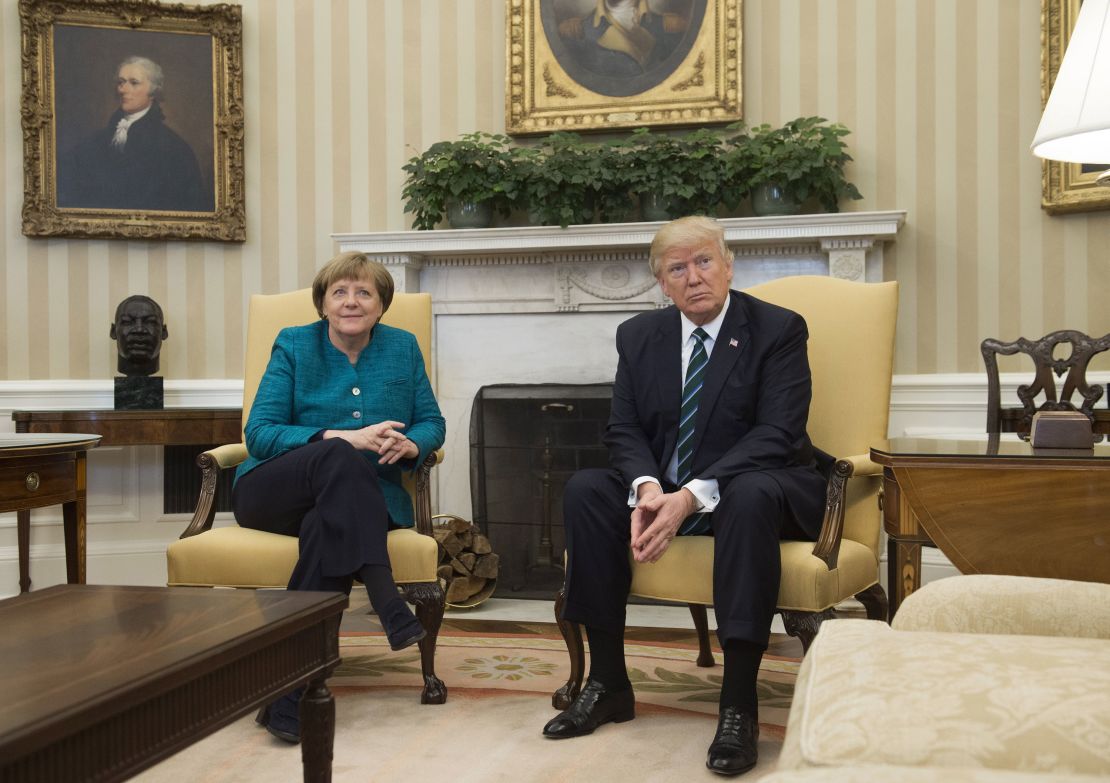 Merkel and Trump meet in the Oval Office of the White House in Washington, DC, on March 17, 2017.