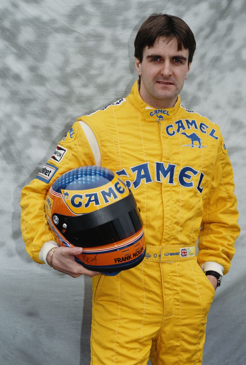 Donnelly posing for a portrait during preseason testing in 1990 at the Autodromo do Estoril in Portugal.