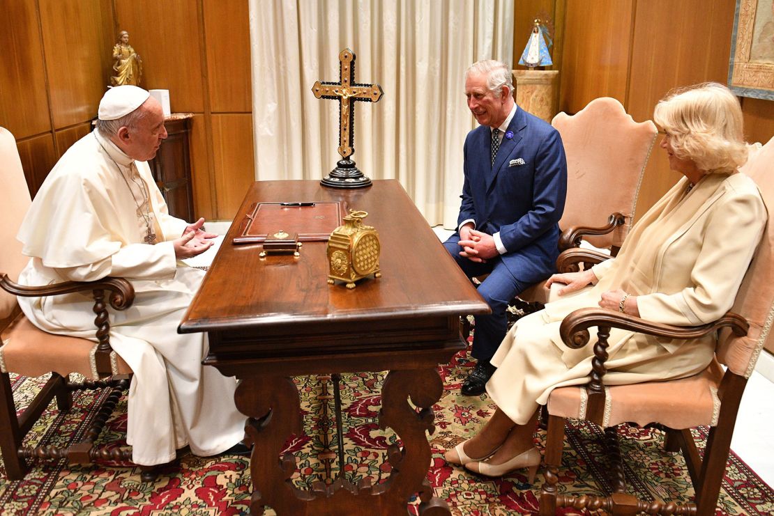 Pope Francis meets with Charles and Camilla in Vatican City in 2017.