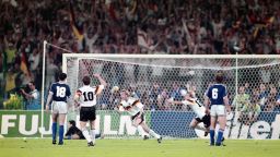 Andreas Brehme celebrates after scoring the winning goal from the penalty spot for West Germanyy in the 1990 World Cup final against Argentina.