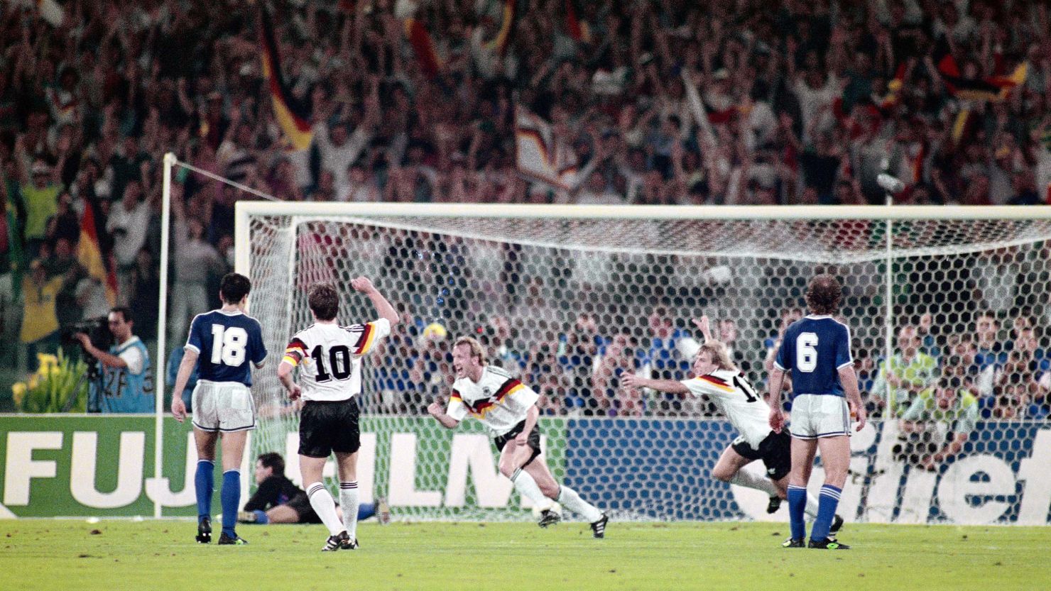 Andreas Brehme celebrates after scoring the winning goal from the penalty spot for West Germany in the 1990 World Cup final against Argentina.
