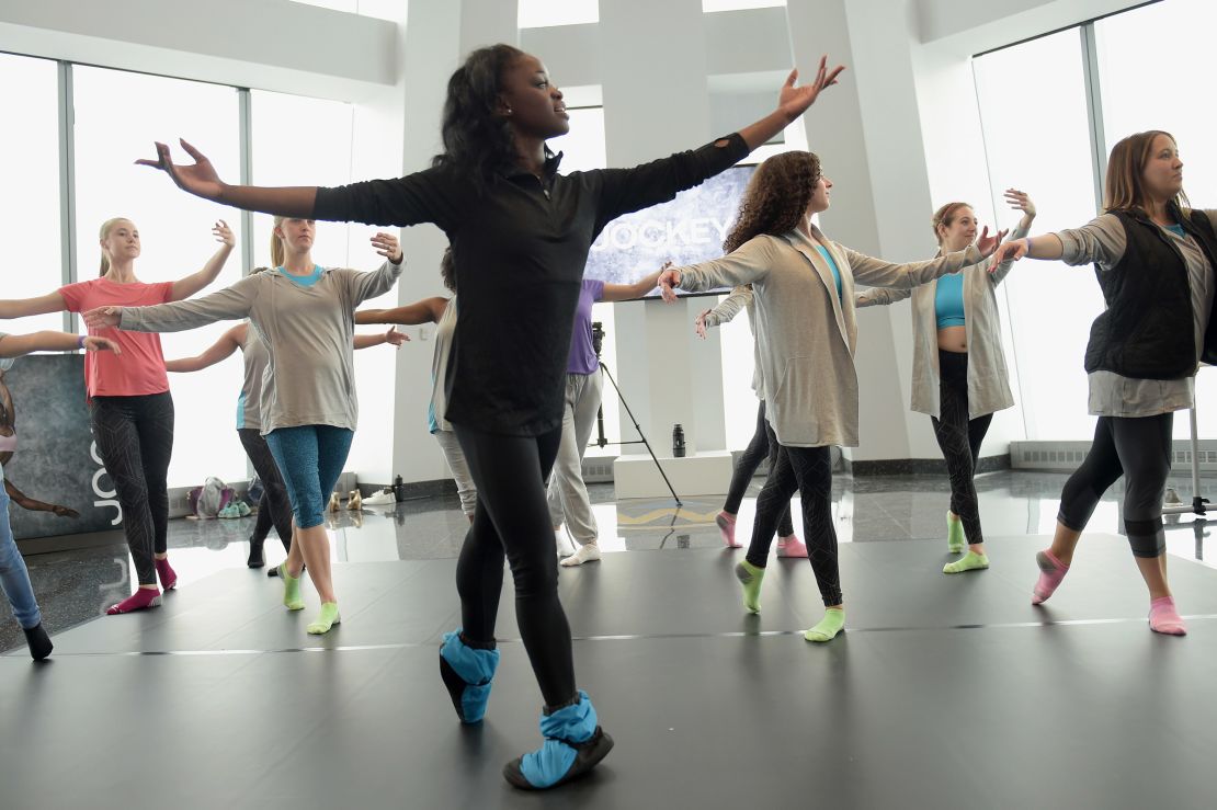 Ballerina Michaela DePrince teaches a ballet class at One World Observatory in New York City on April 26, 2017.