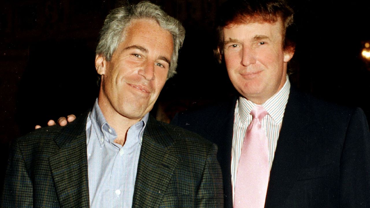 Portrait of American financier Jeffrey Epstein (left) and real estate developer Donald Trump as they pose together at the Mar-a-Lago estate, Palm Beach, Florida, 1997.(Photo by Davidoff Studios/Getty Images)