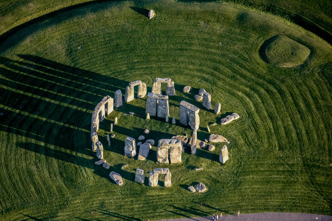 An aerial photograph showcases the Neolithic monument Stonehenge on the Salisburty Plain in England.