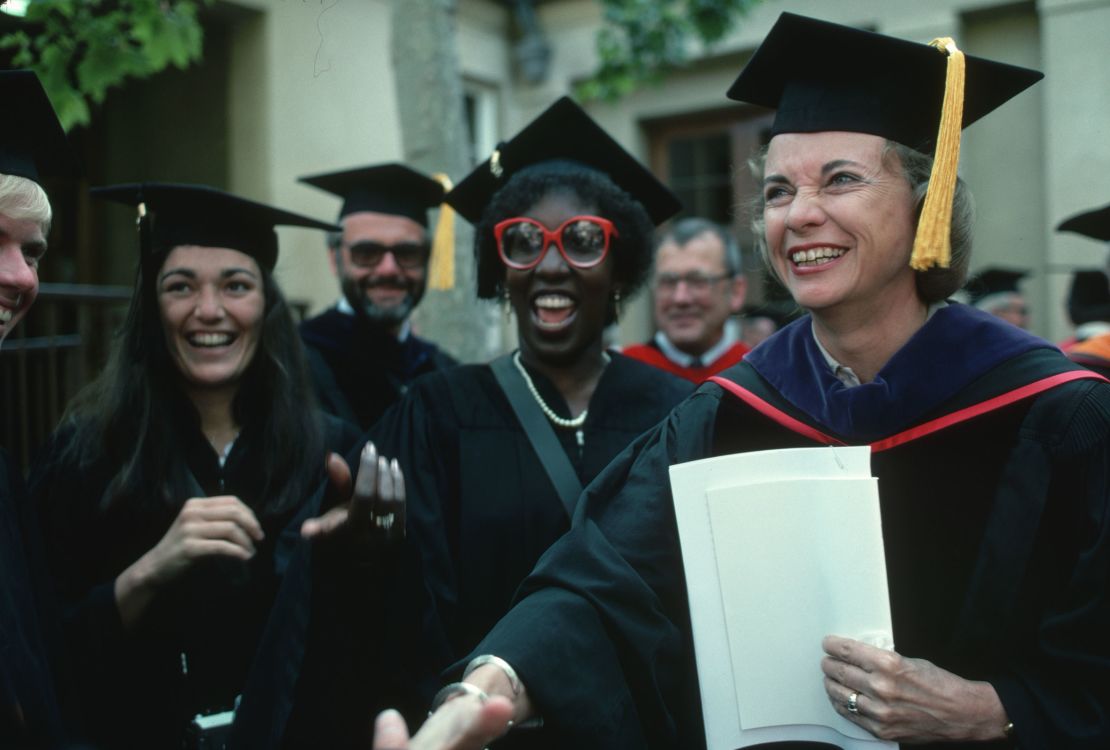 In this June 1982 photo, Supreme Court Justice Sandra Day O'Connor shakes hands at the graduation ceremonies at Stanford University. 