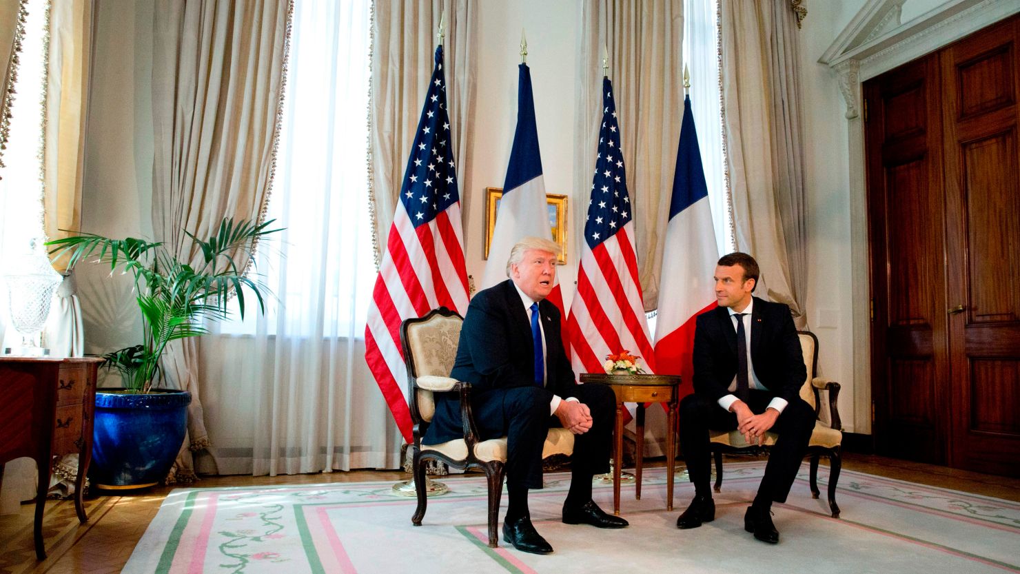 President-elect Donald Trump meets with French President Emmanuel Macron ahead of the NATO summit in Brussels on May 25, 2017.