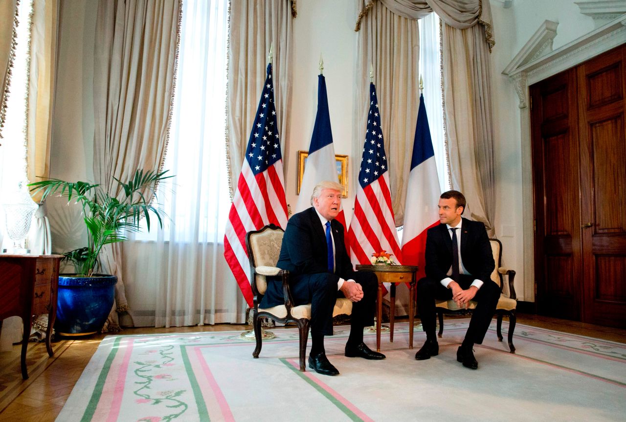 In this 2017 photo, then-President Donald Trump meets with French President Emmanuel Macron in Brussels.