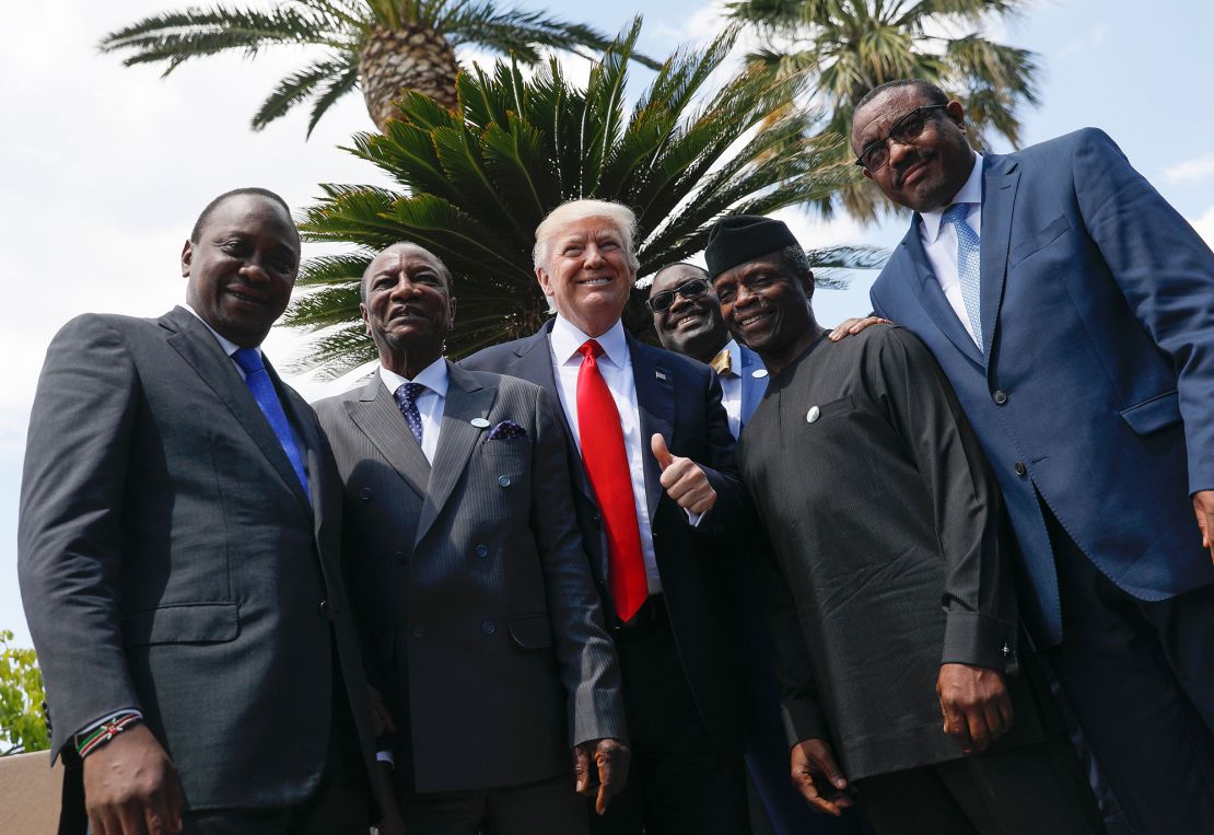 Trump meeting African leaders in 2017. (Left to right) then-Kenyan President Uhuru Kenyatta, then-President of Guinea Alpha Conde, Trump, African Development Bank president Akinwumi Adesina, then-Vice President of Nigeria Yemi Osinbajo and then-Ethiopian Prime Minister Hailemariam Desalegn.