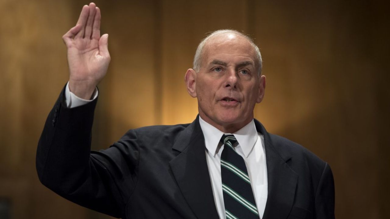 US Secretary of Homeland Security John Kelly is sworn in prior to testifying during a Senate Homeland Security and Governmental Affairs Committee hearing on Capitol Hill in Washington, DC, June 6, 2017. (Photo by SAUL LOEB / AFP) (Photo by SAUL LOEB/AFP via Getty Images)