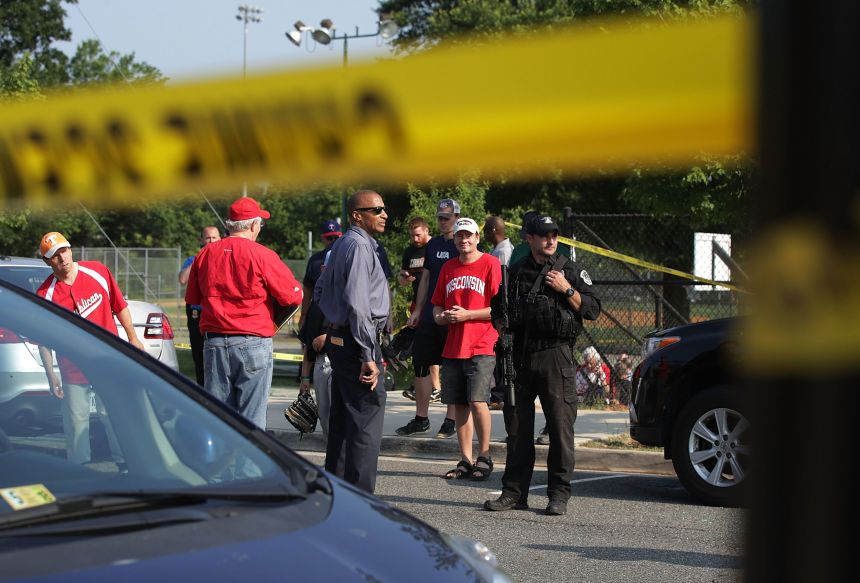 Police secure the site of the shooting during a baseball practice in June 2017 at Eugene Simpson Stadium Park in Alexandria.