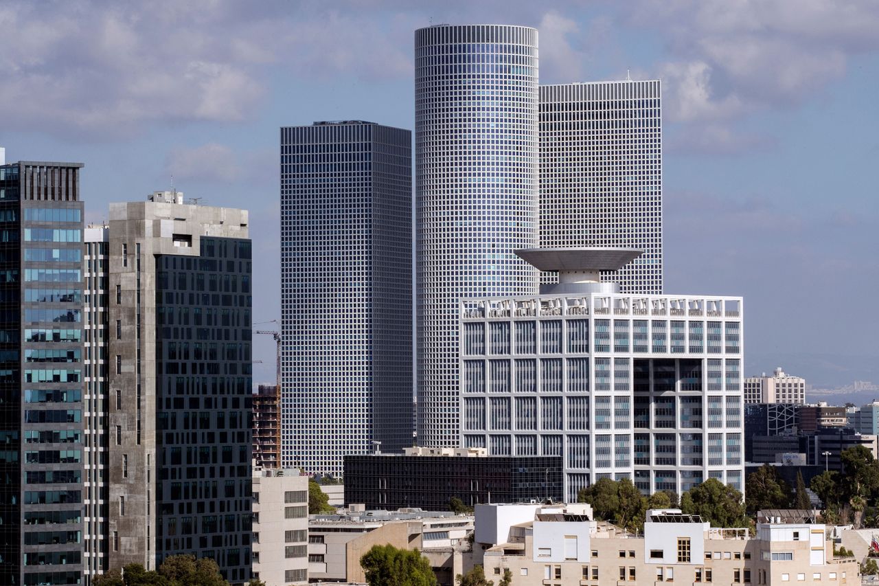 The Azrieli Towers in Tel Aviv with the Israeli defence ministry in the foreground.