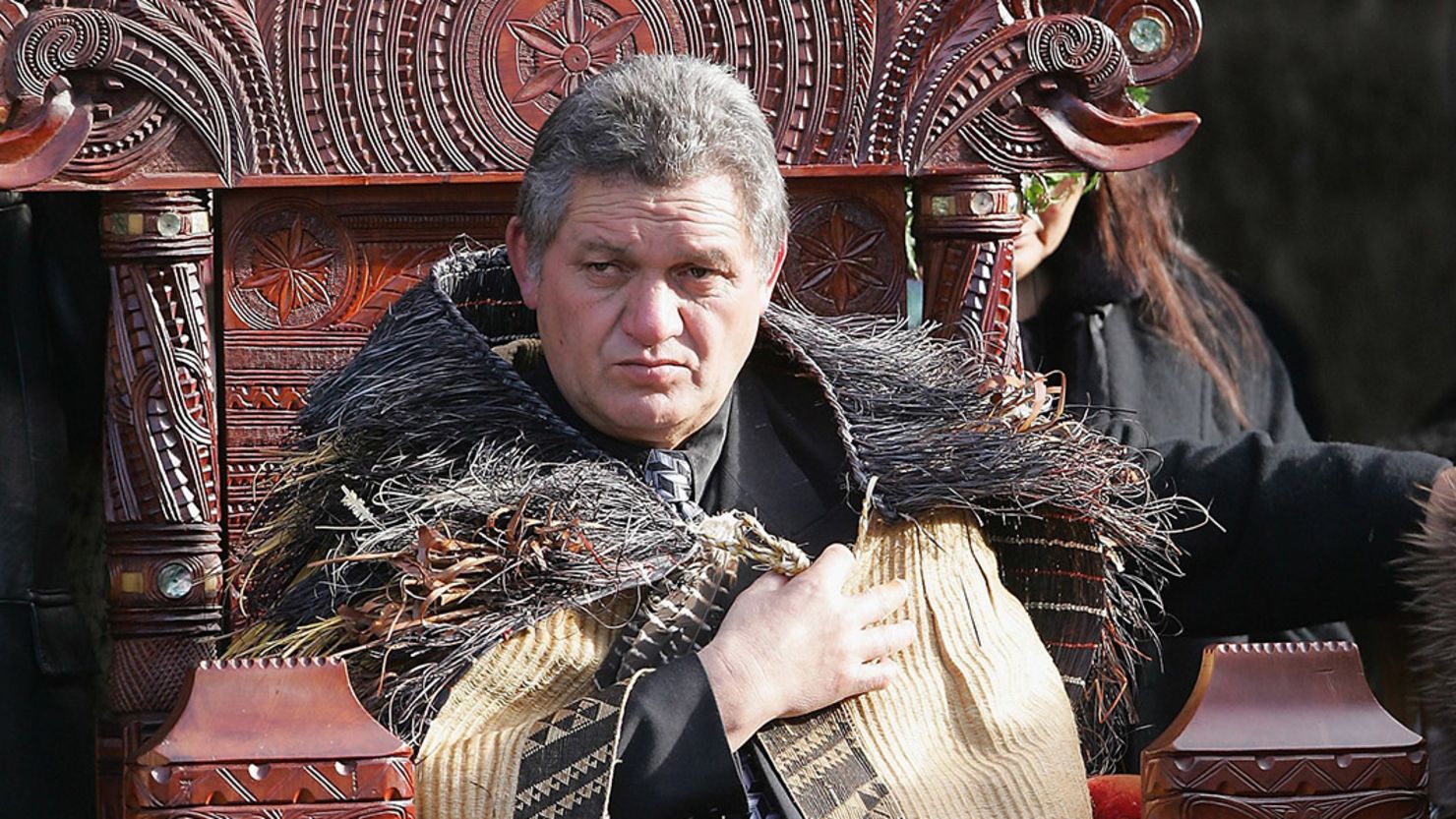 Māori King Tuheitia sits on the throne at his coronation at Turangawaeware Marae on August 21, 2006 in Ngaruawahia, New Zealand.