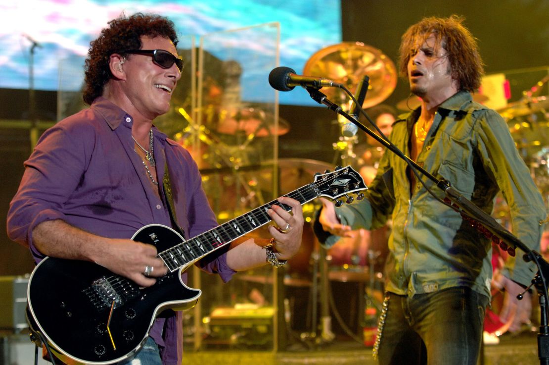 Guitarist Neal Schon and singer Jeff Scott Soto of Journey perform on the band's 2006 summer tour with Def Leppard, in Mountain View California.