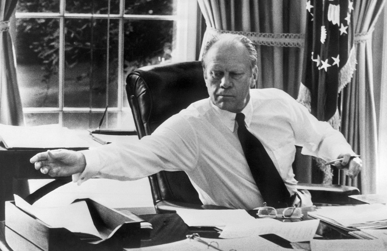 President Gerald R. Ford in the Oval Office, on October 17, 1974. Ford is the only person to serve as both president and vice president who was never elected to either office.