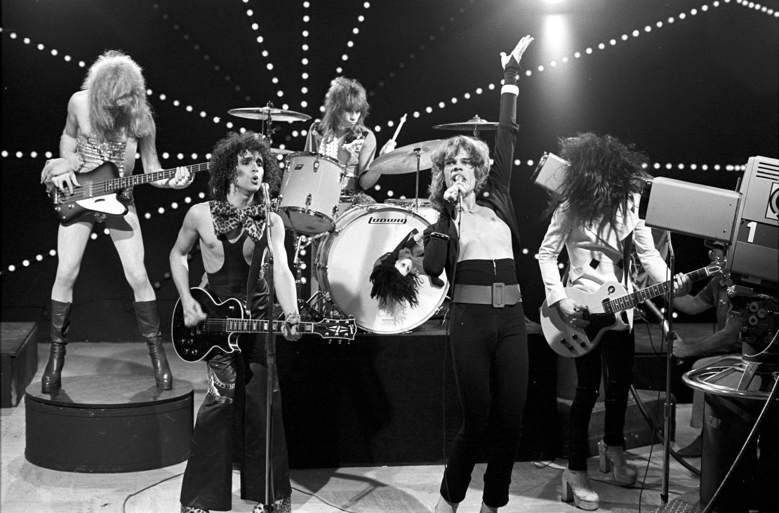 Singer David Johansen, second from right, with guitarist Johnny Thunders, drummer Jerry Nolan, bassist Arthur Kane, and guitarist Sylvain Sylvain of the rock and roll group The New York Dolls on 