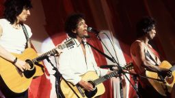 Ron Wood, Bob Dylan and Keith Richards at the JFK Stadium in Philadelphia, Pennsylvania during the Live Aid Concert on July 13, 1985.