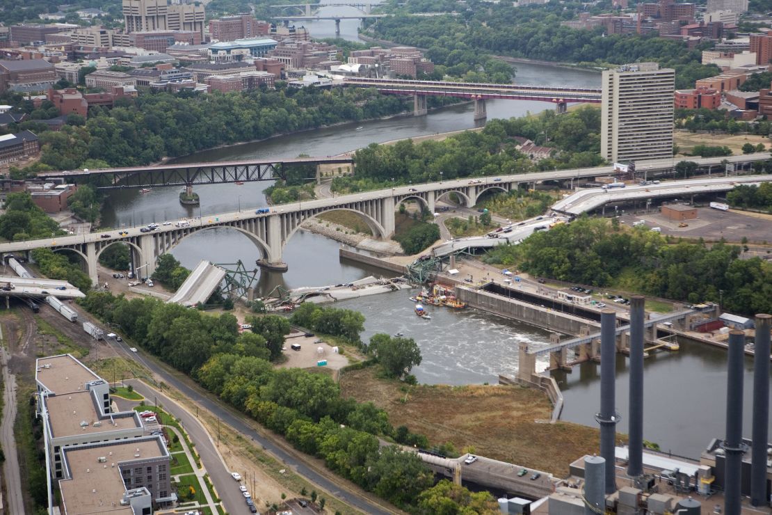 An aerial view shows the collapsed I-35W bridge on August 4, 2007, in Minneapolis, Minnesota