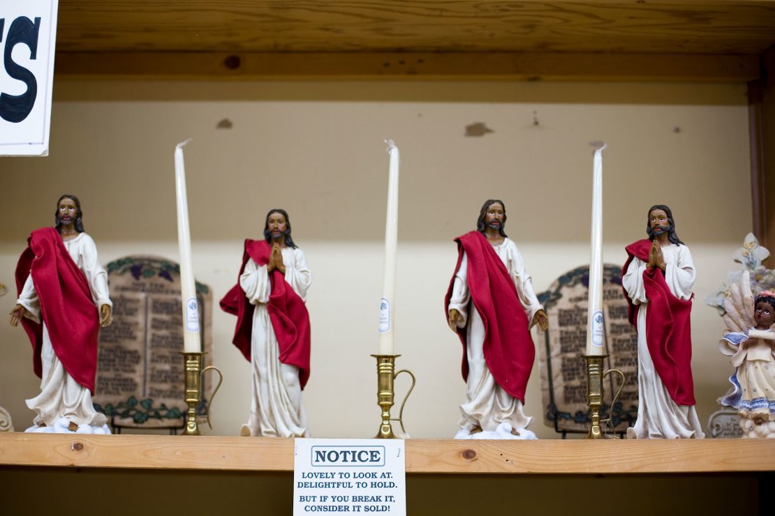 Statues of a black Jesus are displayed in the Africa shop at the South of the Border complex on July 21, 2006, in Dillon, South Carolina.