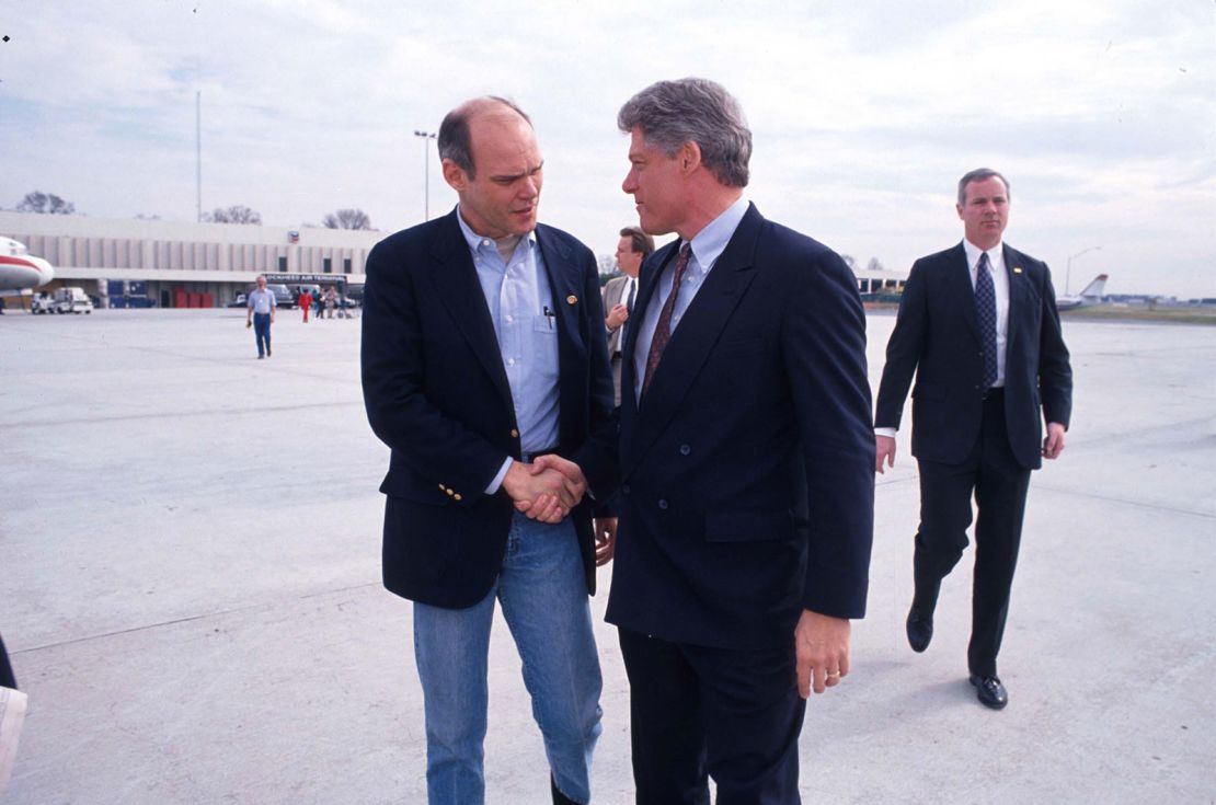 Democratic presidential hopeful Bill Clinton meets with his campaign adviser James Carville on March 3, 1992, in Georgia.