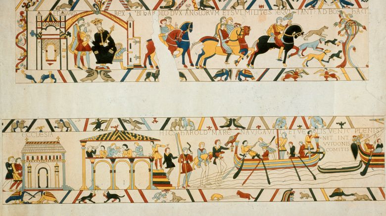 In a scene from the Bayeux Tapestry, Harold Godwinson (the future King Harold II) confers with King Edward the Confessor (c.1003 - 1066) before sailing from Bosham, 1064. The tapestry is housed in the town of Bayeux in Normandy. (Photo by Hulton Archive/Getty Images)