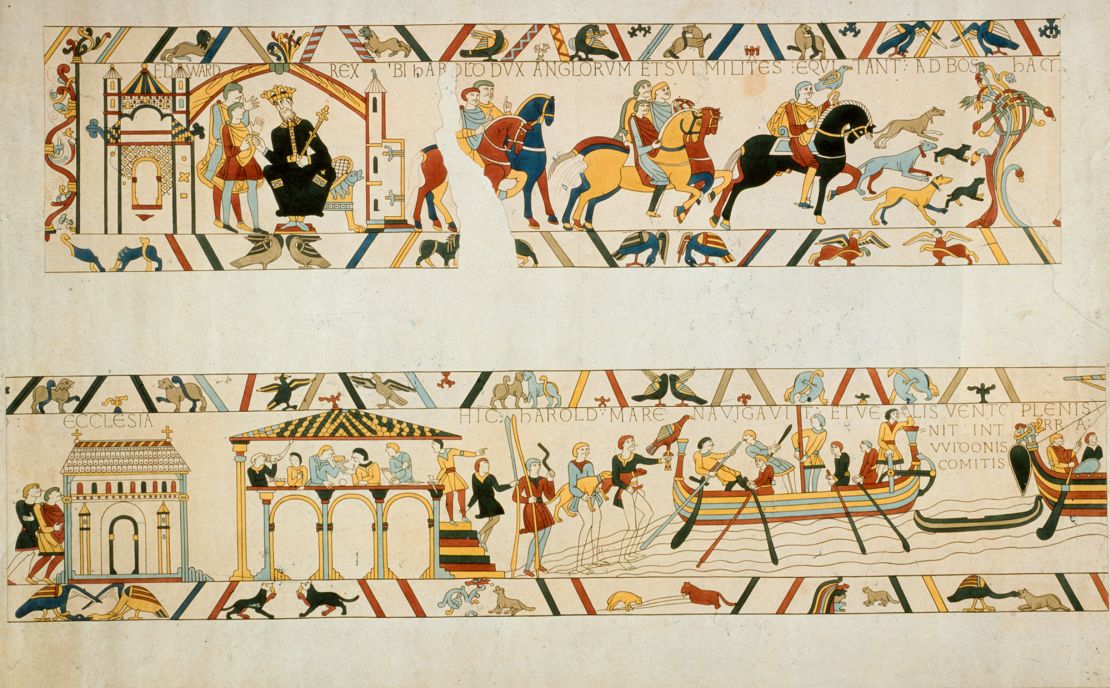 In a scene from the Bayeux tapestry, Harold Godwinson, the last Anglo-Saxon king of England, is represented while traveling to Bosham, England, where he then enlisted in an extravagant room.