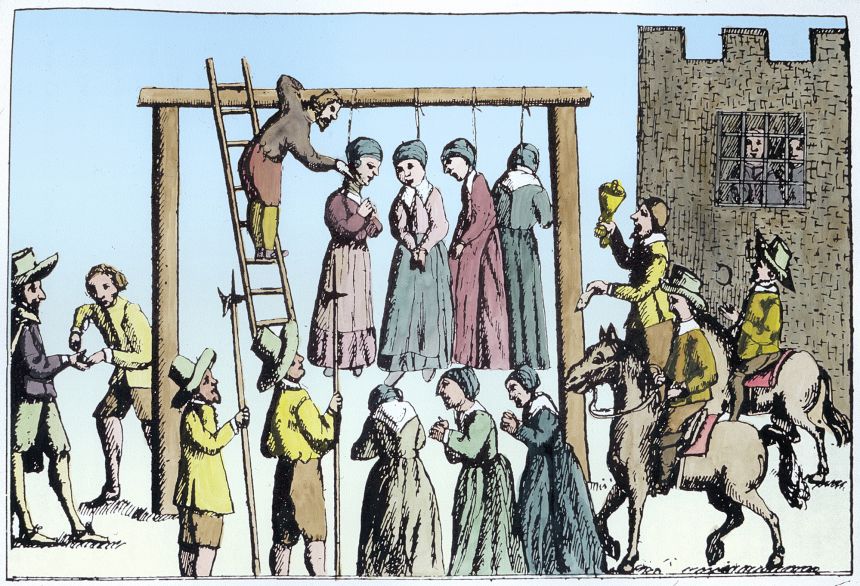 An illustration of an execution of witches in England, 17th century.