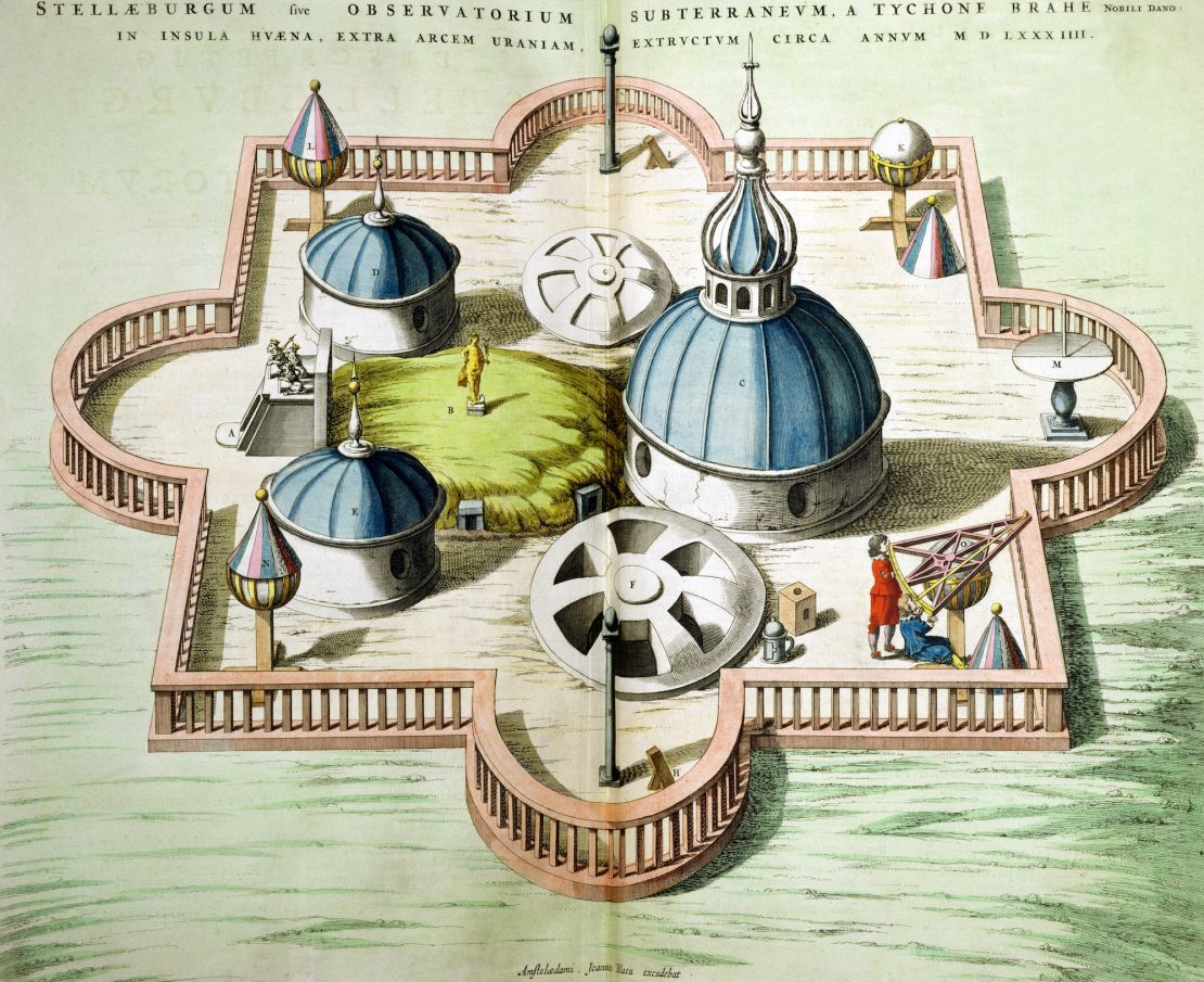 This colorful engraving from 1645 depicts the second observatory Brahe built, Scherneborg, 80 miles south of Uraniborg. Its round tower protected his equipment from the wind.