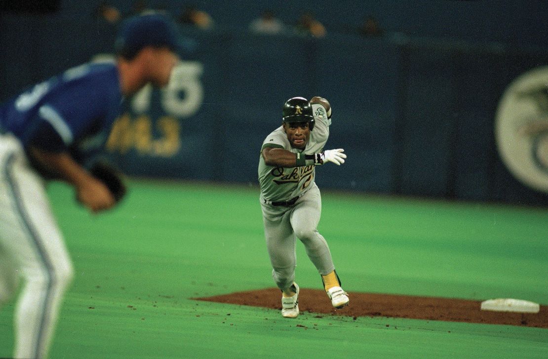 Oakland Athletics Rickey Henderson in action during a game against the Toronto Blue Jays in Toronto in 1995.