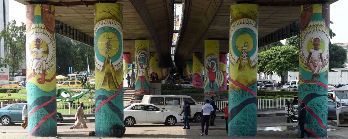 Growing up, Akinkugbe's exposure to art was from street vendors and murals, such as this one by Polly Alakija under Falomo Bridge, instead of museums and art galleries.