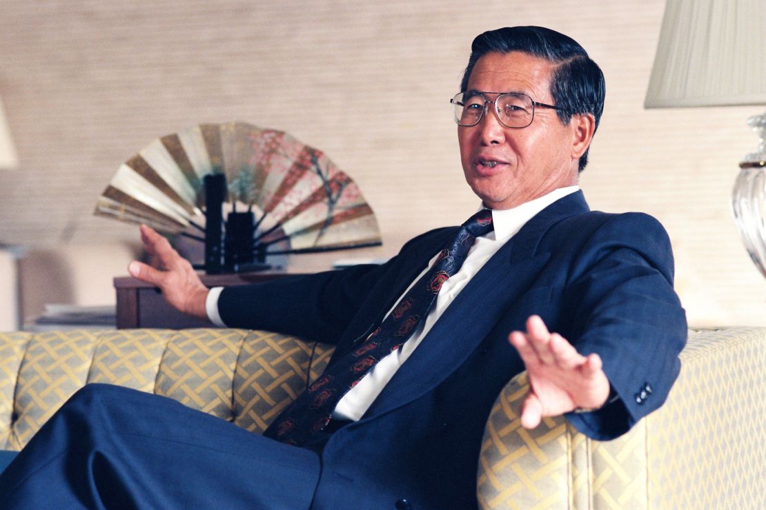 Peru's former President Alberto Fujimori speaks during an interview with the Asahi Shimbun newspaper on June 7, 1994, in Tokyo, Japan.