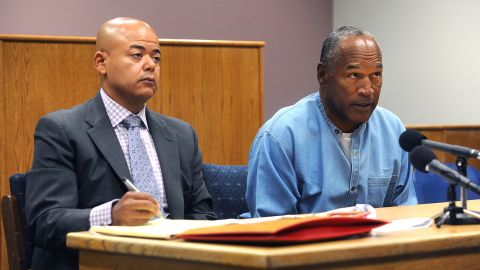 O.J. Simpson (R) attends his parole hearing with his attorney Malcolm LaVergne at Lovelock Correctional Center July 20, 2017 in Lovelock, Nevada.