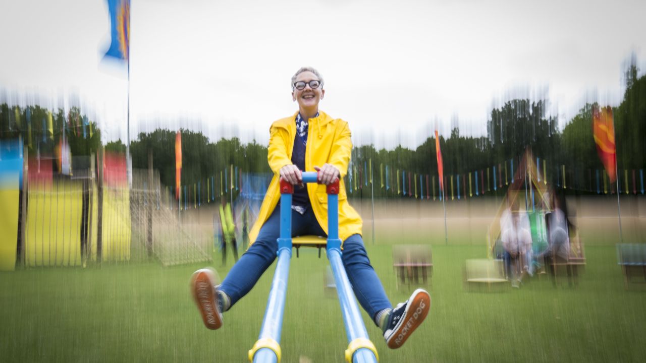 LONDON, ENGLAND - JULY 28: of the public try out the 9NINE Adult playground, created to raise awareness of how play evokes happiness and well-being, at London Fields Park on July 28, 2017 in London, England. (Photo by John Phillips/Getty Images)