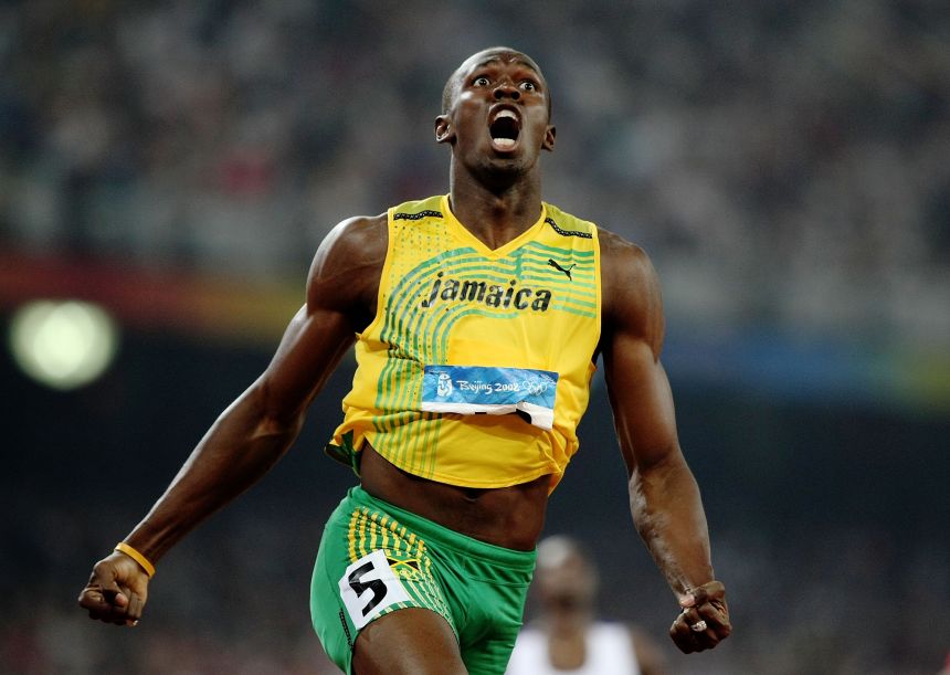 Bolt reacts after breaking the 200m world record with a time of 19.30 to win the gold medal in the men's final at the Beijing 2008 Olympic Games.