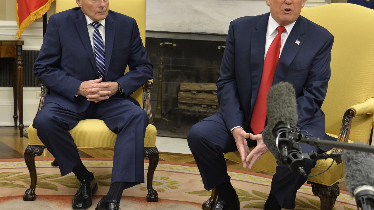 WASHINGTON, D.C. - JULY 31: (AFP-OUT) President Donald Trump (R) speaks to the press after the new White House Chief of Staff John Kelly (L) was sworn in, in the Oval Office of the White House, July 31, 2017 in Washington, DC. Kelly, a retired Marine Corps general and formerly secretary of the Department of Homeland Security, replaces Reince Priebus. (Photo by Mike Theiler-Pool/Getty Images)