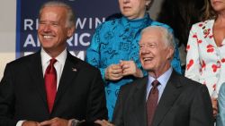 DENVER - AUGUST 26:  (L-R) U.S. Sen. Joe Biden, former president Jimmy Carter, and Jill Biden watch the proceedings on day two of the Democratic National Convention (DNC) at the Pepsi Center August 26, 2008 in Denver, Colorado. U.S. Sen. Barack Obama (D-IL) will be officially be nominated as the Democratic candidate for U.S. president on the last day of the four-day convention. (Photo by Justin Sullivan/Getty Images)